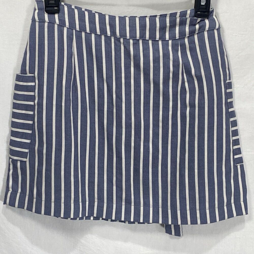 Altar'd State Striped Mini Skirt Womens S Tie Waist Button Pockets Blue White - Picture 2 of 8